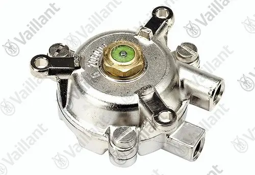 Strömungsschalter aus Messing von Vaillant mit mehreren Anschlüssen und einer zentralen Schraube. Metalldesign, kompakte Form, für hydraulische Systeme geeignet.